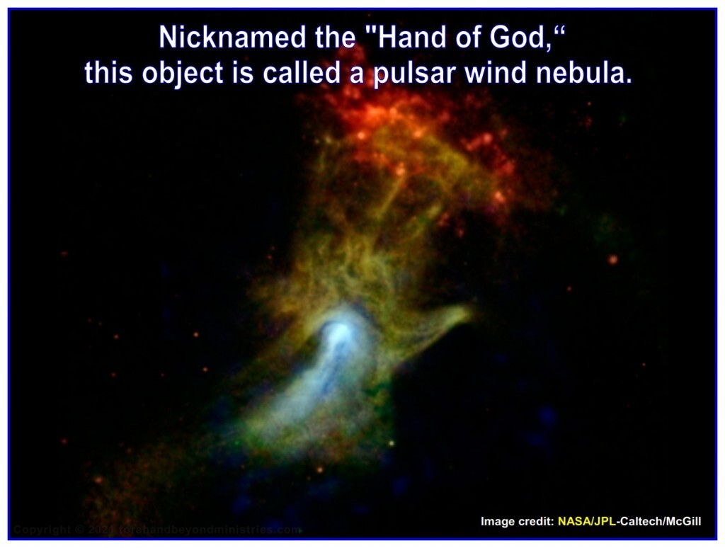 Nicknamed the "Hand of God," this object is called a pulsar wind nebula.