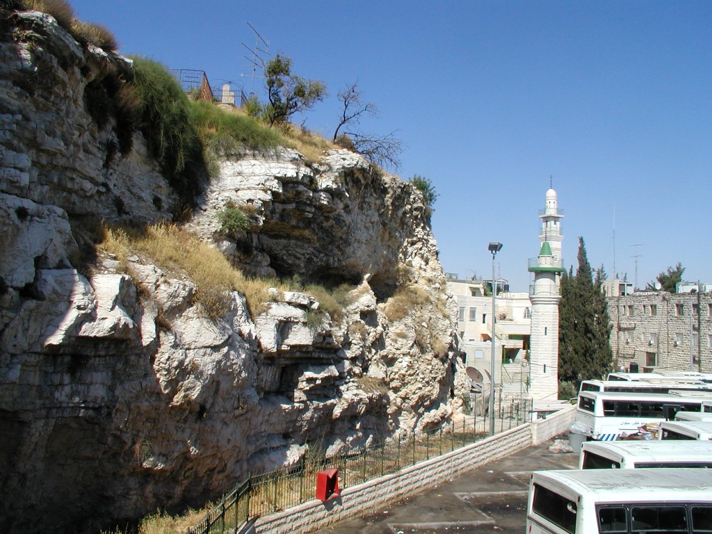 Today Golgotha is surrounded by a very active part of the City of Jerusalem. A bus stop is at the base of the hill. 
