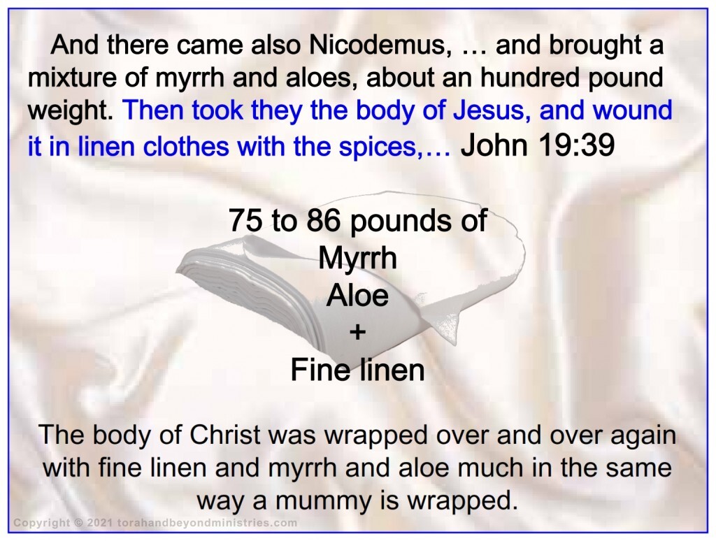 First fruits Jesus was wound, wrapped in about 75 pounds of spices and linen