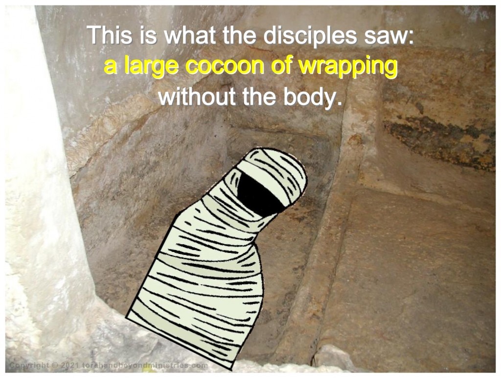 First fruits Jesus body was wrapped as a mummy with much spices and much linen around and around many times. He could have nor been removed from the wrapping unless the wrapping was unwound.