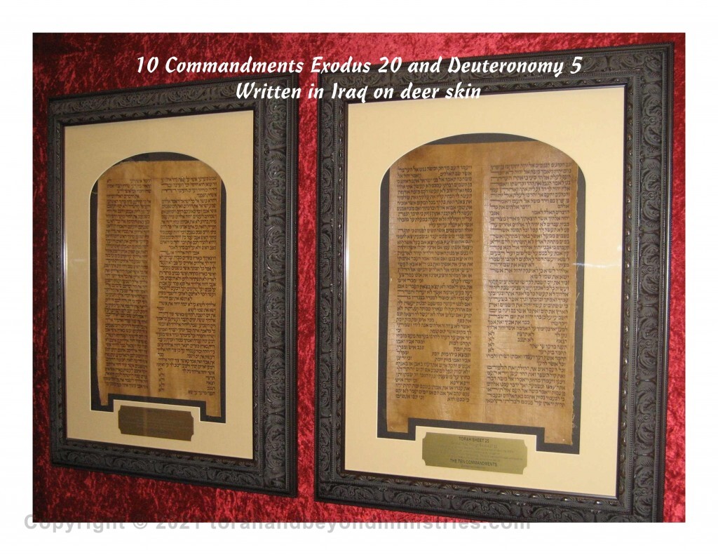Museum Quality Frames Framed Torah Sheets - 10 Commandment sheets from Exodus 20 and Deuteronomy 5 written in Iraq on deer skin.