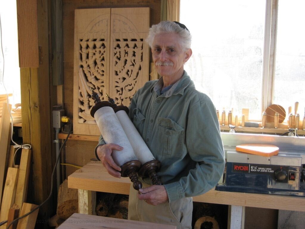 Tanakh Authentic Scroll of Psalms written in Israel. Dan Katz a master woodcarver made the Etz Chaim for the Scroll.